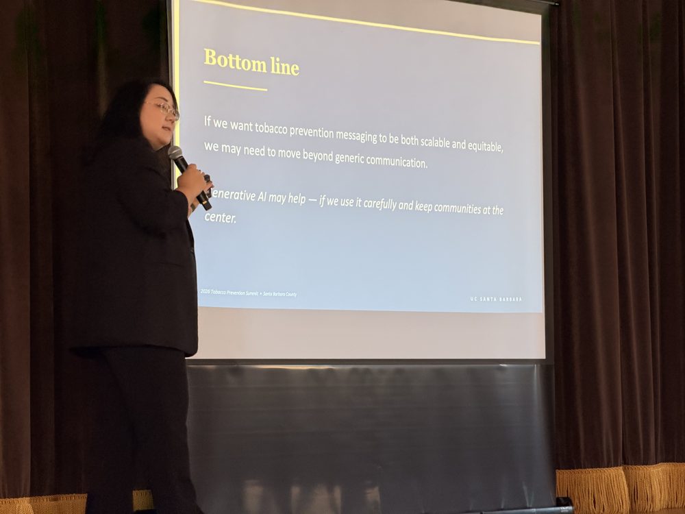 Qiyao Peng presenting closing slide at the Tobacco Prevention Summit, Santa Barbara County